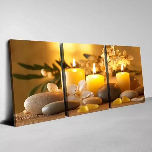 3pcs Relaxing Zen and Flowers Candles with Stone Wall Art Canvas Unframed - High Quality Print 100% Australian Made Wall Canvas