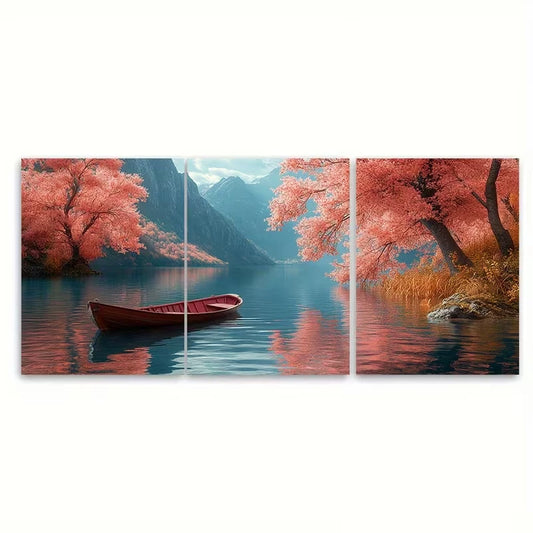 3pcs Mountain Lake Art with Submerged Boat Metal Print Ready to Hang Art