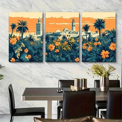 3pcs Vintage Algerian Travel Floral Perfect Wall Art Set Canvas Framed 50x70cm - High Quality Print 100% Australian Made Wall Canvas Ready to Hang