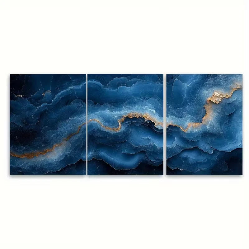 3pcs Blue Marble Textures Metal Print Ready to Hang Art - Bella Home Decor