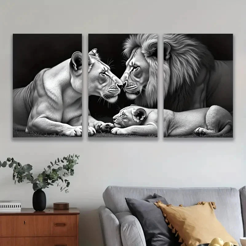 3pcs Black And White Lion Family Wall Art Set Canvas Framed 50x70cm - High Quality Print 100% Australian Made Wall Canvas Ready to Hang - Bella Home Decor