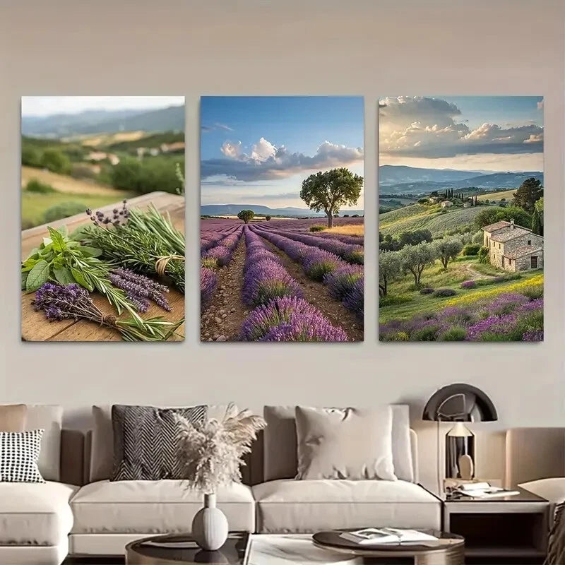 3pcs Scenic Lavender Fields in Provence Landscape Metal Print Ready to Hang Art - Bella Home Decor
