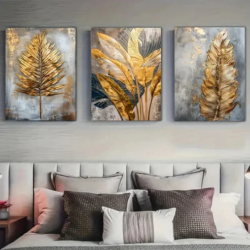 3pcs Golden Leaf & Feather  Wall Art Set Canvas Unframed - High Quality Print 100% Australian Made Wall Canvas - Bella Home Decor