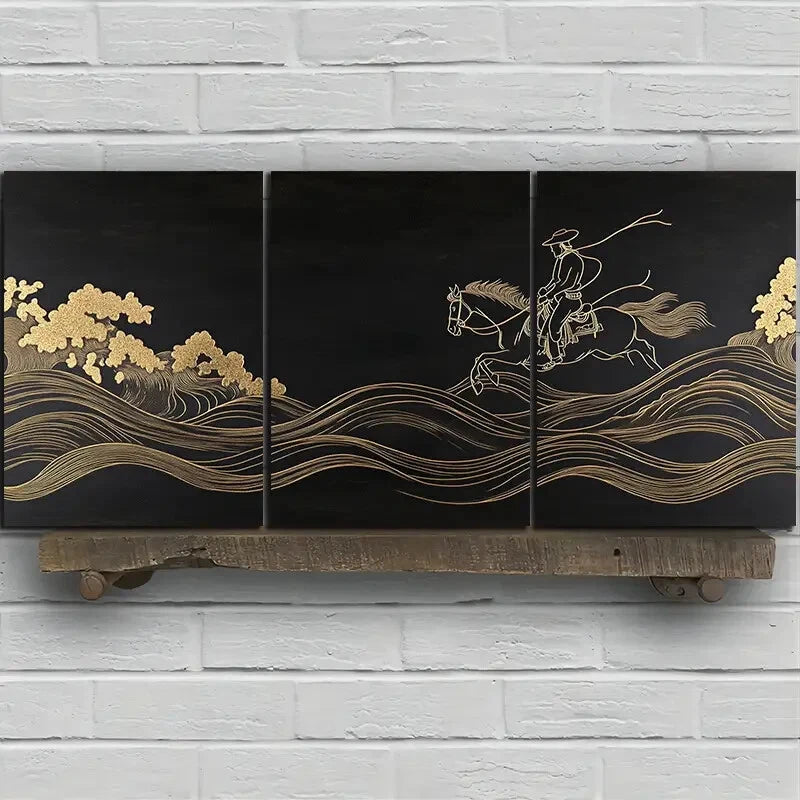 3pcs Man Riding a Horse Black & Golden Metal Print Ready to Hang Art - Bella Home Decor