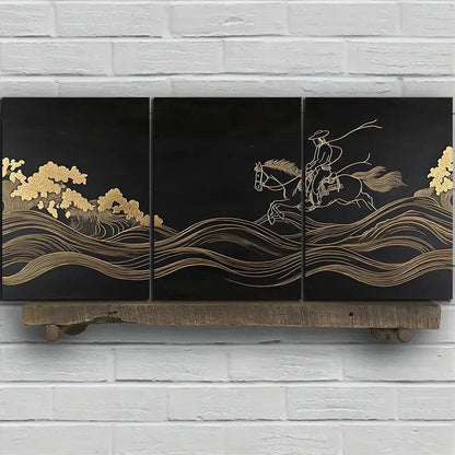 3pcs Man Riding a Horse Black & Golden Metal Print Ready to Hang Art - Bella Home Decor