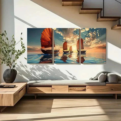 3pcs Sailing Ships Sunset Sky Calm Ocean Wall Art Canvas Unframed - High Quality Print 100% Australian Made Wall Canvas