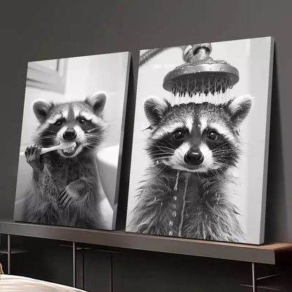 2pcs Black and White Photo of a Raccoon in it's Daily Routine Canvas Framed 50x75cm - High Quality Print 100% Australian Made Wall Canvas Ready to Hang - Bella Home Decor