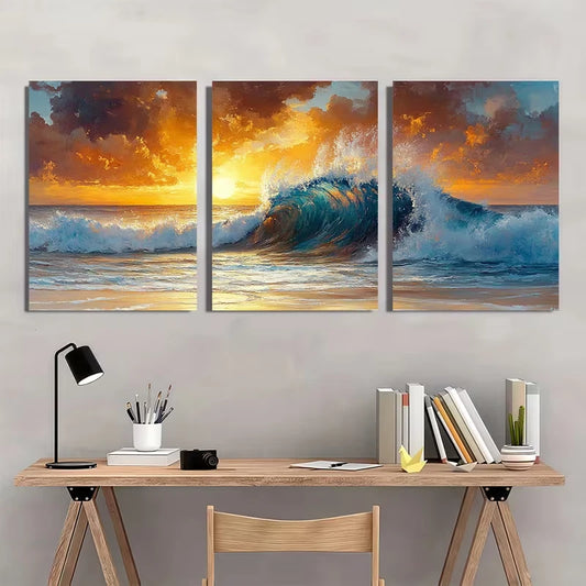 3pcs Ocean Sunsets And Wave Riders Metal Print Ready to Hang Art