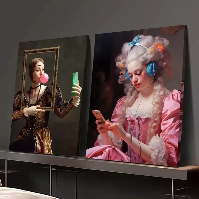 2pcs Painting, Funny Renaissance, Baroque Style, Vintage Female Canvas Framed 50x75cm - High Quality Print 100% Australian Made Wall Canvas Ready to Hang - Bella Home Decor