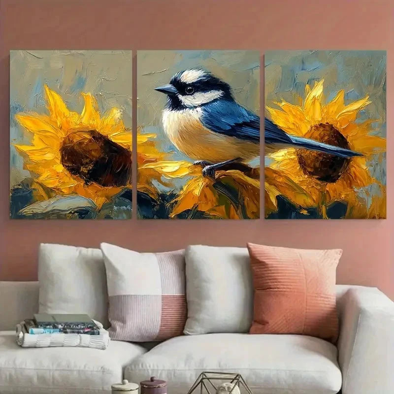 3pcs Vibrant Chickadee Sunflowers Floral Metal Print Ready to Hang Art - Bella Home Decor