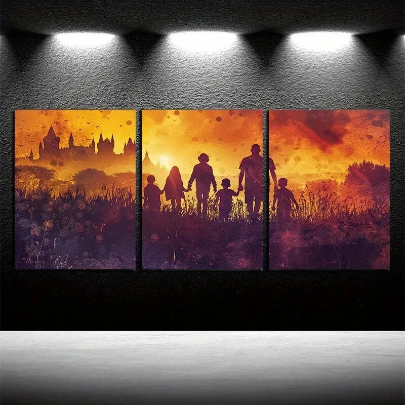 3pcs Girls and Boys Silhouetted Against The Sunset Metal Print Ready to Hang Art - Bella Home Decor