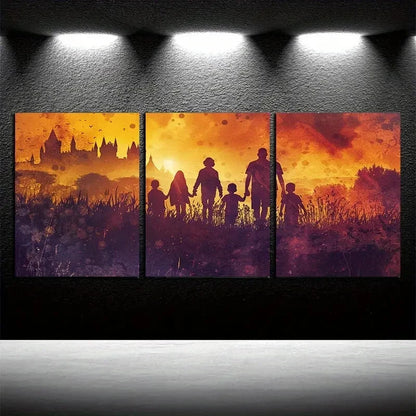 3pcs Girls and Boys Silhouetted Against The Sunset Metal Print Ready to Hang Art - Bella Home Decor