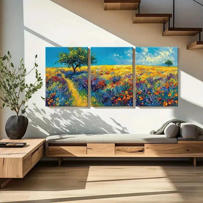 3pcs Colorful Flowers Tree Blue Sky & Clouds Metal Print Ready to Hang Art - Bella Home Decor