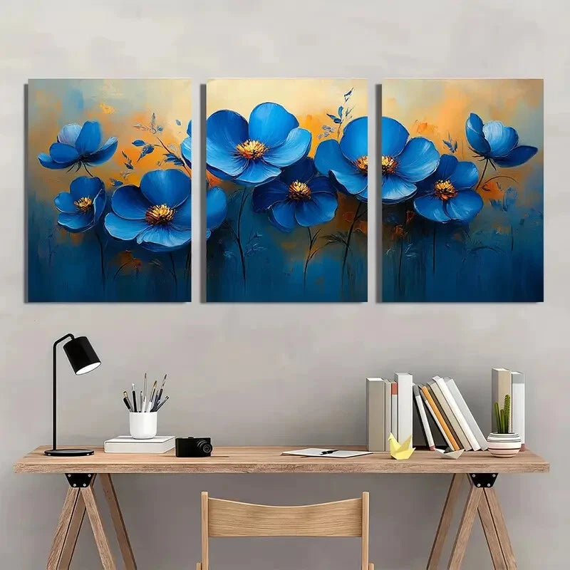 3pcs Original Blue Floral Oil Painting Metal Print Ready to Hang Art - Bella Home Decor