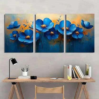 3pcs Original Blue Floral Oil Painting Metal Print Ready to Hang Art - Bella Home Decor