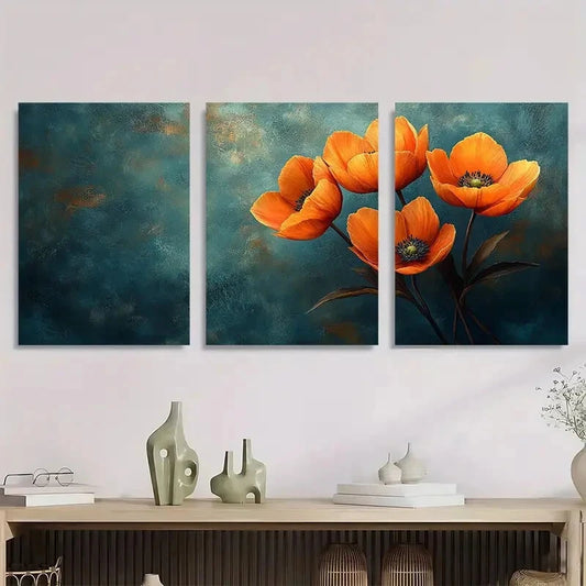 3pcs Orange Yellow Flowers Bud Painting Metal Print Ready to Hang Art