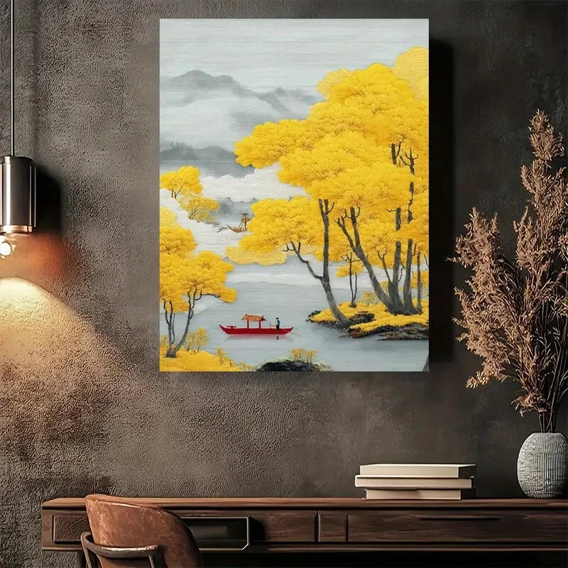 Beautiful Autumn Serenity Embroidered Painting 40x60cm Metal Print Ready to Hang - Bella Home Decor