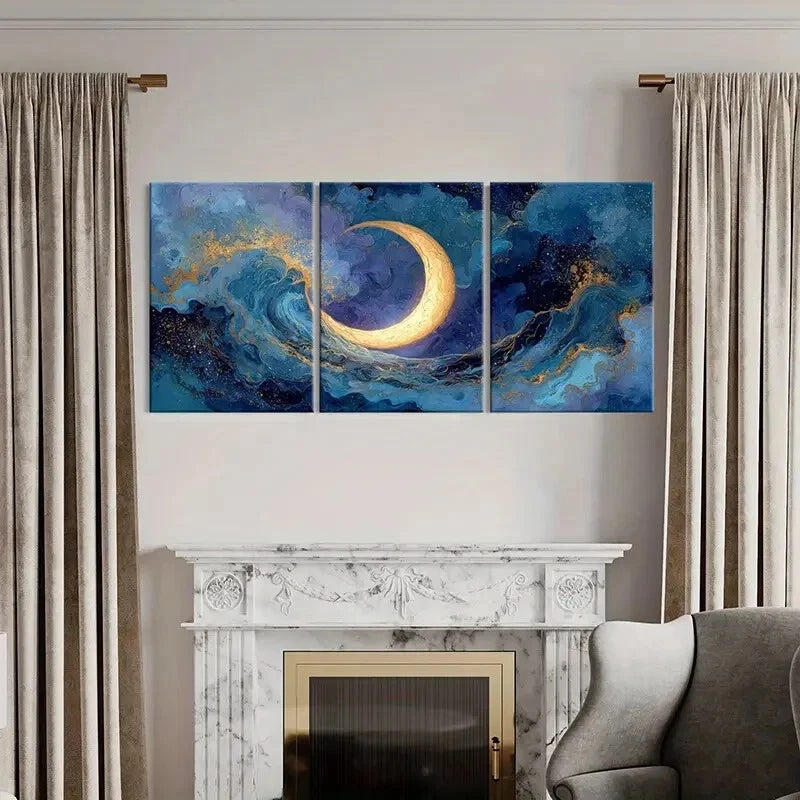 3pcs Moonlit Ocean Waves Abstract Art Starry Night Metal Print Ready to Hang Art - Bella Home Decor