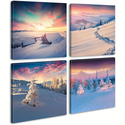 4pcs Purple Landscape And Snow Forest Natural Wall Art Canvas Framed