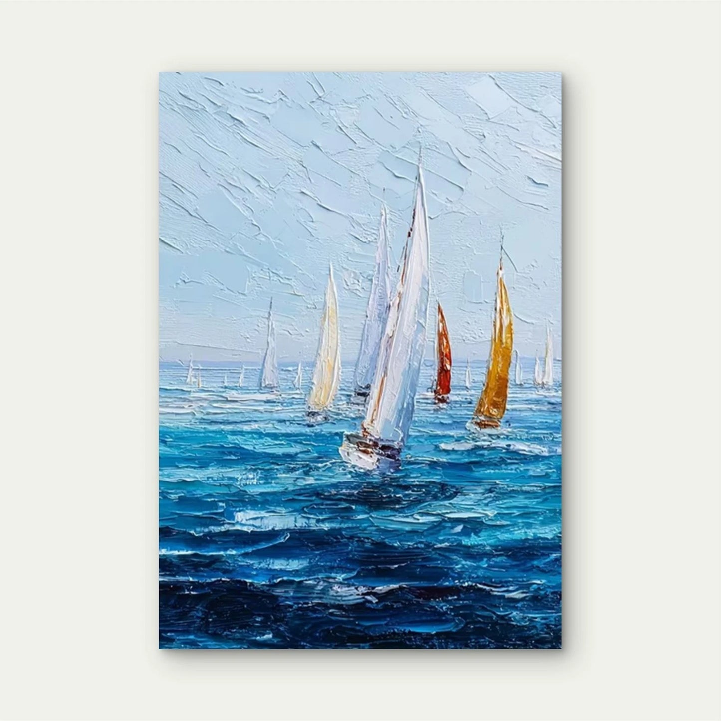 Ocean Seascape with White, Yellow, Red Sailboats Metal Print Ready to Hang