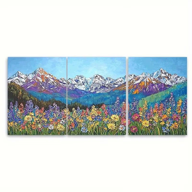 3pcs Mountain Wildflower Snow Capped Peaks Metal Print Ready to Hang Art