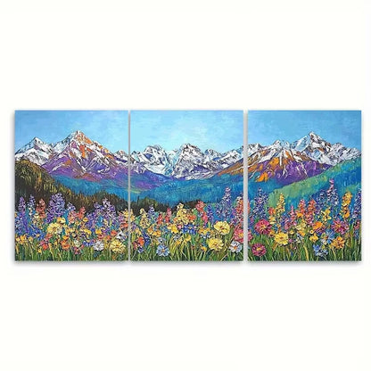 3pcs Mountain Wildflower Snow Capped Peaks Metal Print Ready to Hang Art