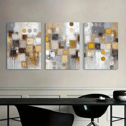 3pcs Abstract White and Golden Blocks Metal Print Ready to Hang Art - Bella Home Decor