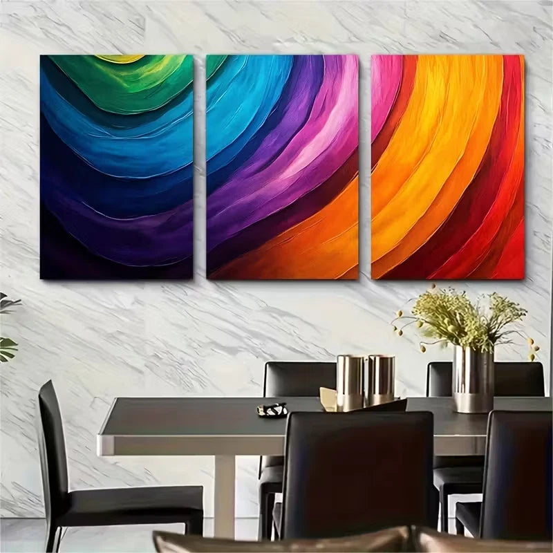 3pcs , Vibrant Abstract Rainbow Curved Stripes Metal Print Ready to Hang Art - Bella Home Decor