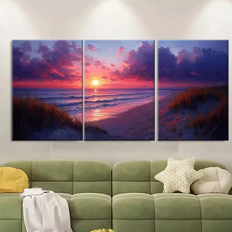 3pcs Cloudy Sunset Over Seashore Oil Painting Metal Print Ready to Hang Art - Bella Home Decor