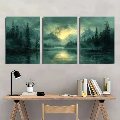 3pcs Trees Mountains & Lake Vintage Nature Wall Art Canvas Unframed - High Quality Print 100% Australian Made Wall Canvas