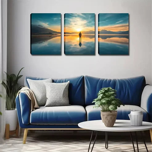 3pcs A Person On The Lake Wall Art Canvas Unframed - High Quality Print 100% Australian Made Wall Canvas