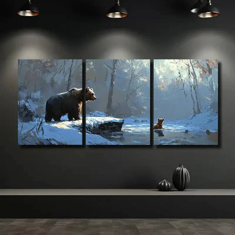3pcs Rustic Bear and Cub Ice Floe Scene Metal Print Ready to Hang Art - Bella Home Decor