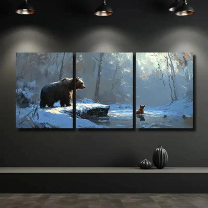 3pcs Rustic Bear and Cub Ice Floe Scene Metal Print Ready to Hang Art - Bella Home Decor