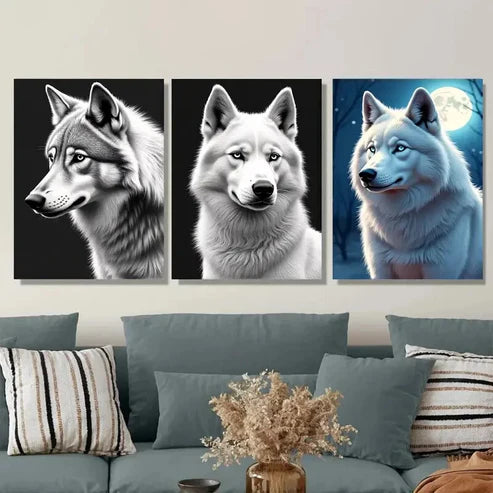 3pcs Black White Wolf with Stunning Blue Eyes Wall Art Set Canvas Unframed - High Quality Print 100% Australian Made Wall Canvas - Bella Home Decor