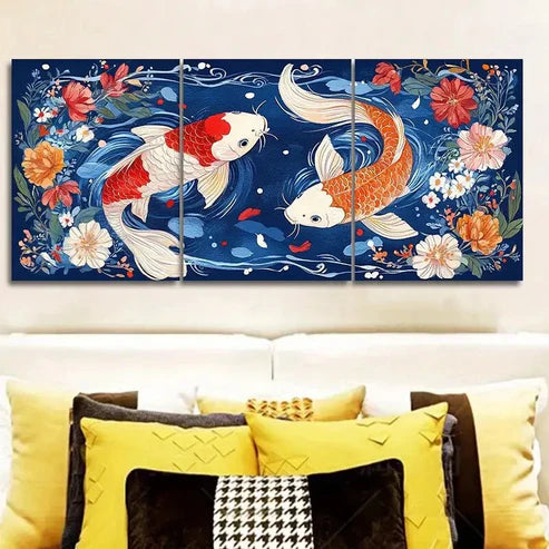 3pcs Red and White Koi Fish with Vibrant Floral Wall Art Set Canvas Unframed - High Quality Print 100% Australian Made Wall Canvas
