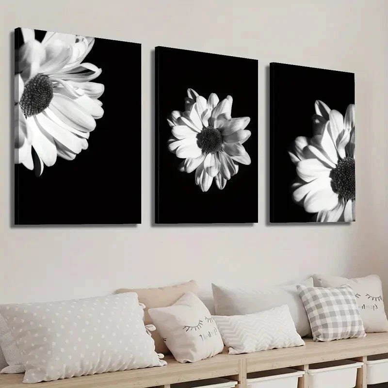 3pcs Elegant Black & White Gerbera Floral Wall Art Set Canvas Framed 60x90cm - High Quality Print 100% Australian Made Wall Canvas Ready to Hang