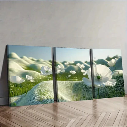 3pcs White Poppy Field Flowers Wall Art Set Canvas Unframed - High Quality Print 100% Australian Made Wall Canvas