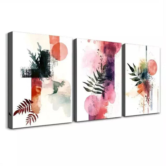 3pcs Leaves, geometric, abstract Wall Art Set Canvas Framed 50x70cm - High Quality Print 100% Australian Made Wall Canvas Ready to Hang