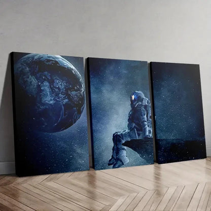 3pcs Astronaut Gazing at Earth Triptych Wall Art Set Canvas Framed 40x60cm - High Quality Print 100% Australian Made Wall Canvas Ready to Hang - Bella Home Decor
