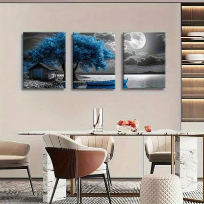 3pcs Blue Tree and Moon Lake Landscape Painting Metal Print Ready to Hang Art - Bella Home Decor