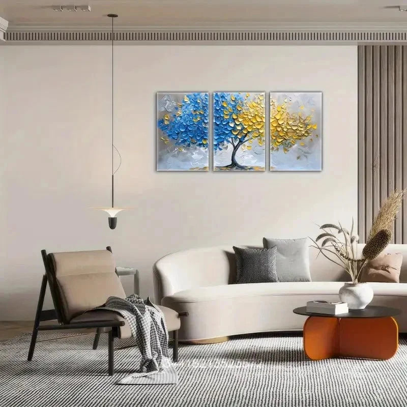 3pcs Blue and Yellow Tree Art Print Metal Print Ready to Hang Art - Bella Home Decor