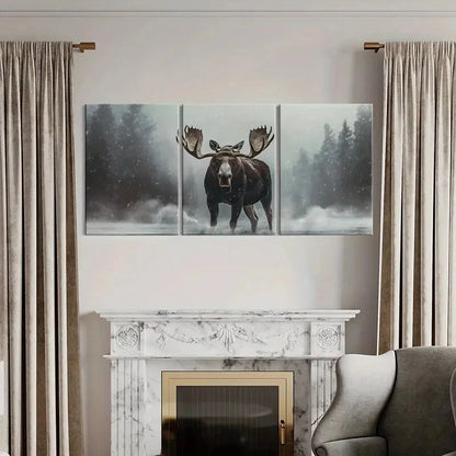 3pcs Winter Moose Art Snowy Forest Scene Metal Print Ready to Hang Art - Bella Home Decor