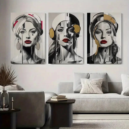 3pcs Elegant Women with Bold Red Wall Art Set Canvas Framed 60x90cm - High Quality Print 100% Australian Made Wall Canvas Ready to Hang