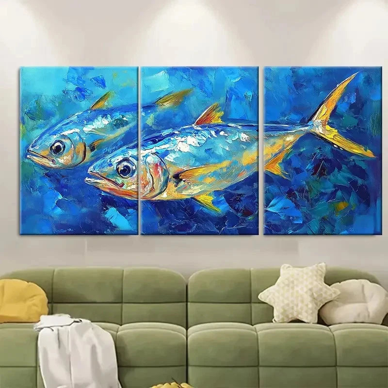 3pcs Sardine Painting Fish Artwork RT   Wall Art Set Canvas Framed 40x60cm - High Quality Print 100% Australian Made Wall Canvas Ready to Hang