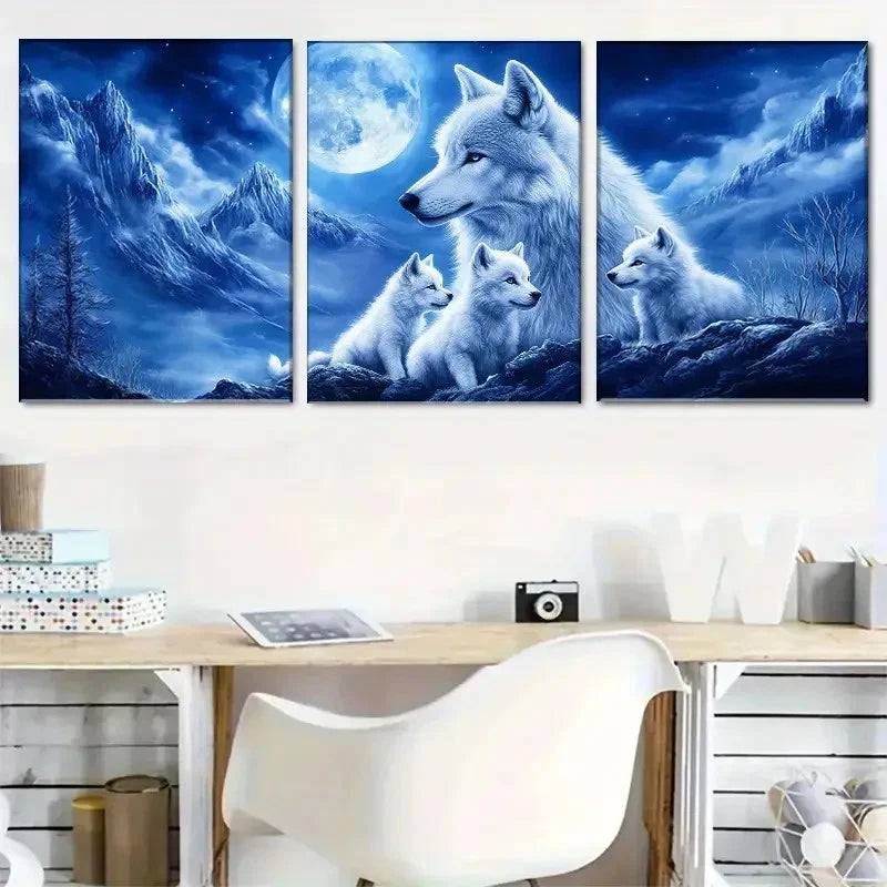 3pcs Moonlit Wolf Family MWF  Wall Art Set Canvas Framed 50x70cm - High Quality Print 100% Australian Made Wall Canvas Ready to Hang