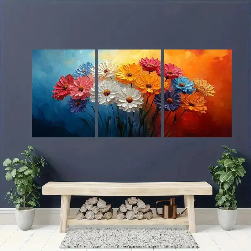 3pcs Vibrant Abstract Floral Textured Oil Impasto Metal Print Ready to Hang Art - Bella Home Decor