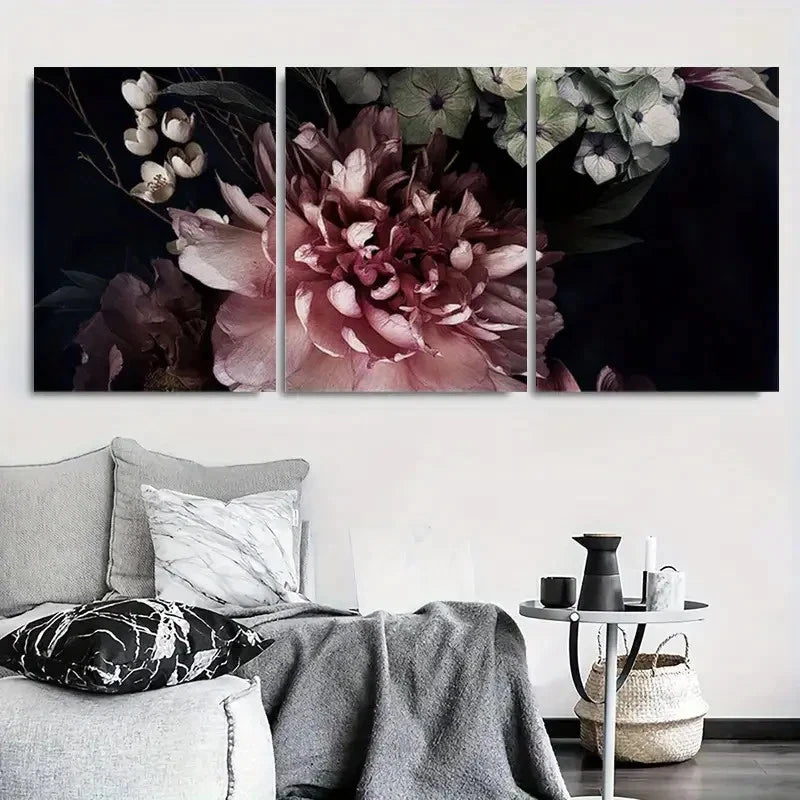 3pcs Dramatic Dark Floral Peony and Hydrangea Metal Print Ready to Hang Art - Bella Home Decor