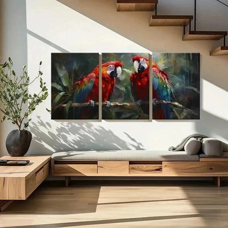 3pcs Red Macaw Birds In The Rainforest Wall Art Set Canvas Framed 50x70cm - High Quality Print 100% Australian Made Wall Canvas Ready to Hang - Bella Home Decor