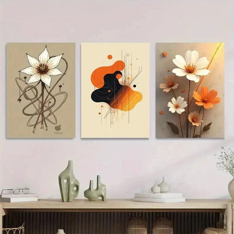 3pcs Elegant Floral Vibrant Orange Abstract Wall Art Set Canvas Framed 40x60cm - High Quality Print 100% Australian Made Wall Canvas Ready to Hang