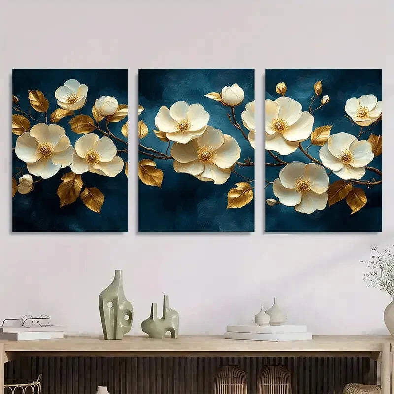 3pcs Golden Leaves & White Flowers Metal Print Ready to Hang Art - Bella Home Decor